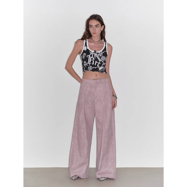 "Light and Shadow Walking" Retro Fashionable Dirty Printed Reverse - Fold Mid - Low - Waist Double - pleat Straight - leg Wide - Leg Casual Pants - Starlit Wardrobe n/a