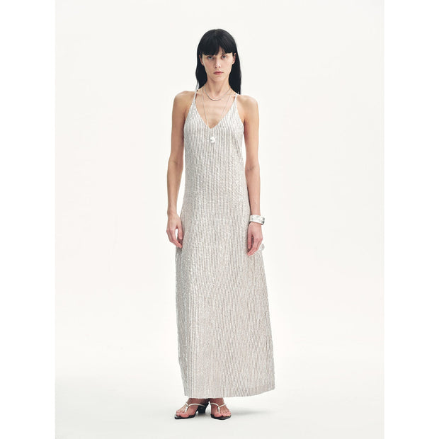 Linen Sequin Embroidery Summer Dress – Women’s Linen V - Neck Maxi - Starlit Wardrobe Dresses