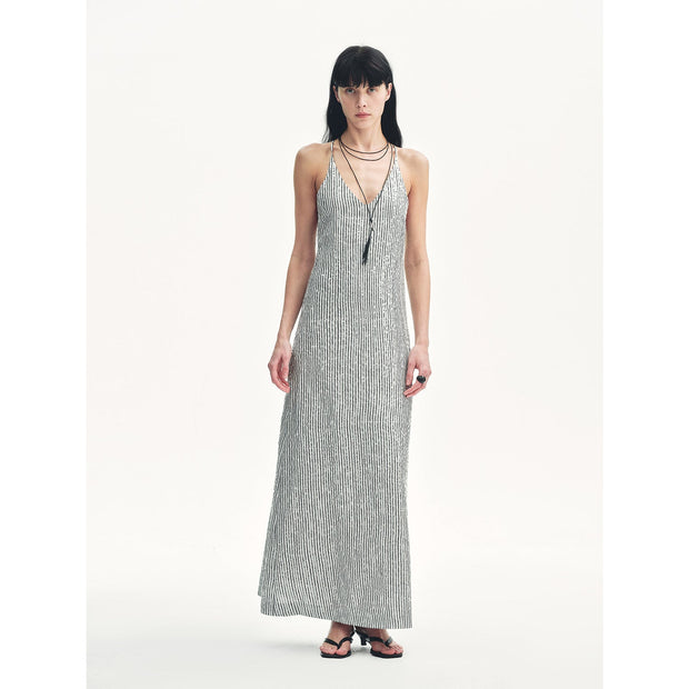 Linen Sequin Embroidery Summer Dress – Women’s Linen V - Neck Maxi - Starlit Wardrobe Dresses