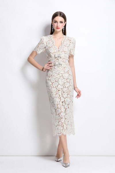 Magnolia White Double Layer Lace Cut Out Pencil Dress - Starlit Wardrobe Dresses