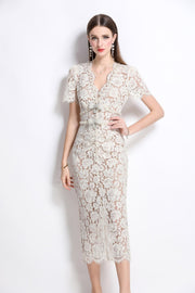 Magnolia White Double Layer Lace Cut Out Pencil Dress - Starlit Wardrobe Dresses
