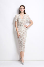 Magnolia White Double Layer Lace Cut Out Pencil Dress - Starlit Wardrobe Dresses