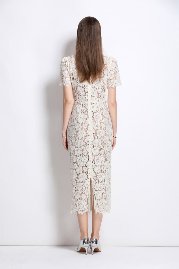 Magnolia White Double Layer Lace Cut Out Pencil Dress - Starlit Wardrobe Dresses