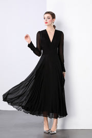 Midnight Black Long Sleeve Ruched Waist V Neck Maxi Dress - Starlit Wardrobe Dresses