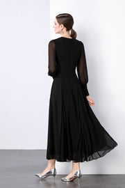 Midnight Black Long Sleeve Ruched Waist V Neck Maxi Dress - Starlit Wardrobe Dresses