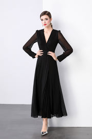 Midnight Black Long Sleeve Ruched Waist V Neck Maxi Dress - Starlit Wardrobe Dresses