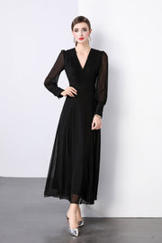 Midnight Black Long Sleeve Ruched Waist V Neck Maxi Dress - Starlit Wardrobe Dresses