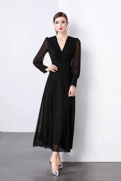 Midnight Black Long Sleeve Ruched Waist V Neck Maxi Dress - Starlit Wardrobe Dresses