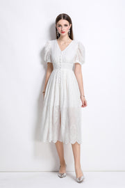 Plunging Neckline Lantern Sleeve Flowy White Maxi Dress - Starlit Wardrobe Dresses