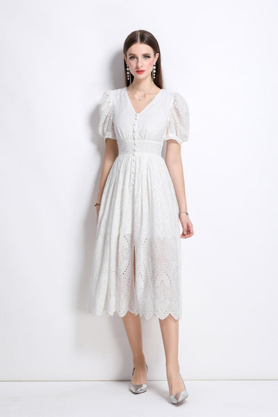 Plunging Neckline Lantern Sleeve Flowy White Maxi Dress - Starlit Wardrobe Dresses