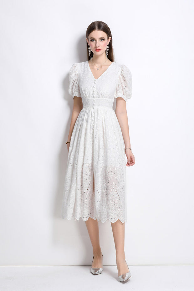 Plunging Neckline Lantern Sleeve Flowy White Maxi Dress - Starlit Wardrobe Dresses