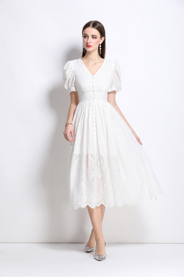 Plunging Neckline Lantern Sleeve Flowy White Maxi Dress - Starlit Wardrobe Dresses