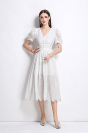 Plunging Neckline Lantern Sleeve Flowy White Maxi Dress - Starlit Wardrobe Dresses