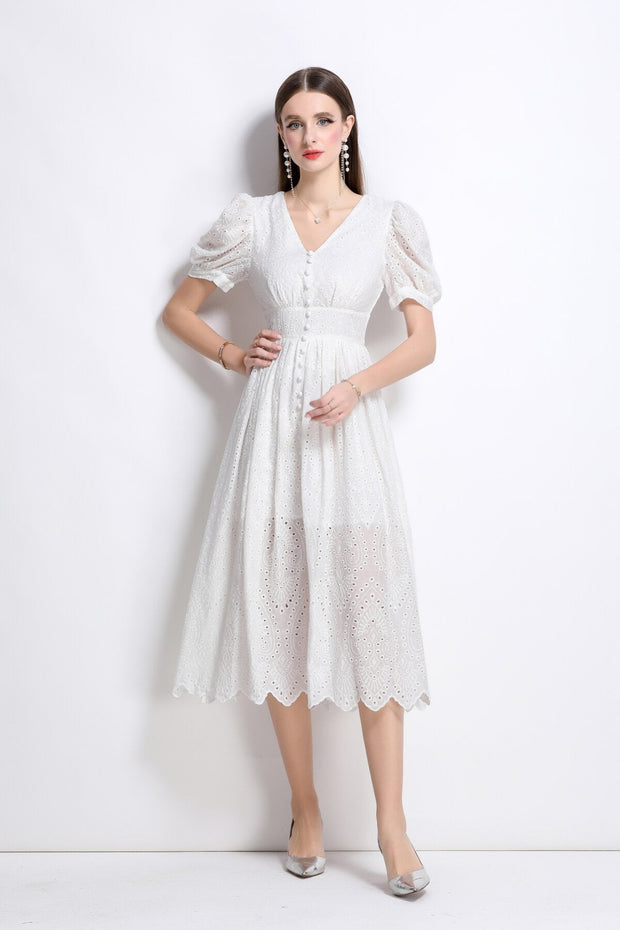 Plunging Neckline Lantern Sleeve Flowy White Maxi Dress - Starlit Wardrobe Dresses