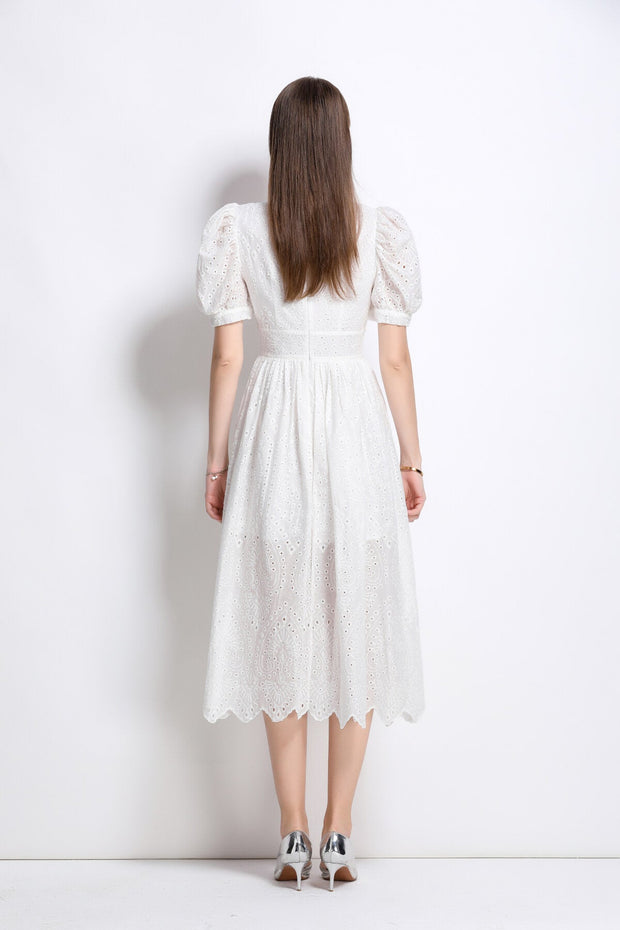 Plunging Neckline Lantern Sleeve Flowy White Maxi Dress - Starlit Wardrobe Dresses