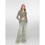 Retro Washed Distressed Straight Leg Wide Low Crotch Jeans - Starlit Wardrobe Pants