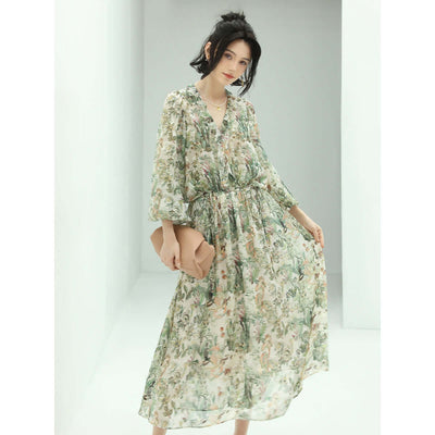Romantic Floral Long Sleeved Floral Green Midi Dress - Starlit Wardrobe Dresses