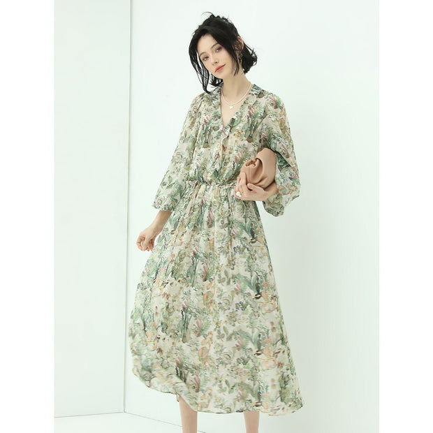 Romantic Floral Long Sleeved Floral Green Midi Dress - Starlit Wardrobe Dresses