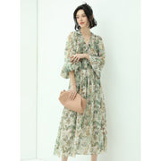 Romantic Floral Long Sleeved Floral Green Midi Dress - Starlit Wardrobe Dresses