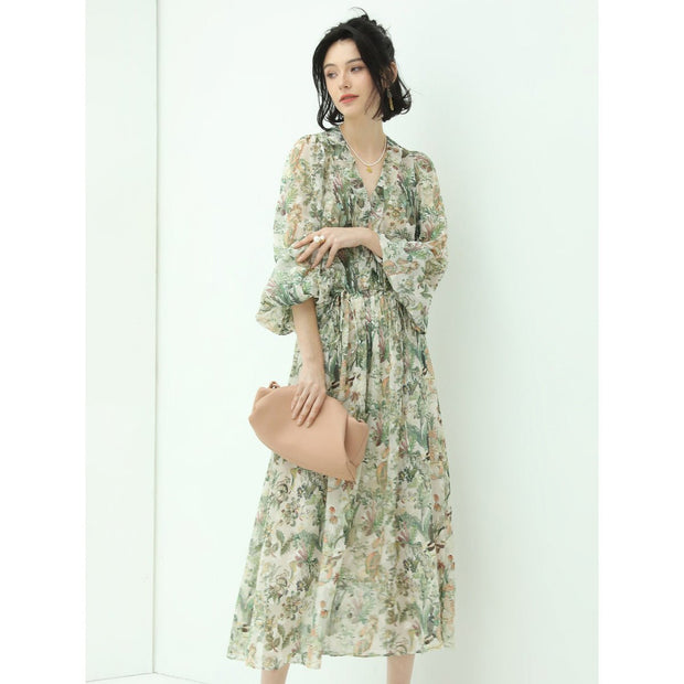 Romantic Floral Long Sleeved Floral Green Midi Dress - Starlit Wardrobe Dresses