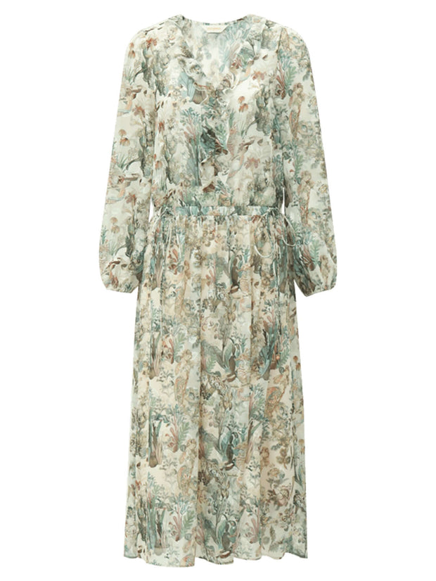 Romantic Floral Long Sleeved Floral Green Midi Dress - Starlit Wardrobe Dresses