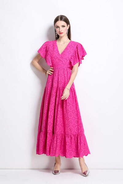 Samantha Lace Cut Out Ruffle Sleeve Maxi Dress - Starlit Wardrobe Dresses