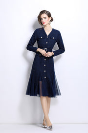 Slim Fit Long Sleeve Buckle Waist Mermaid Dress – Elegant Women’s Midi - Starlit Wardrobe Dresses