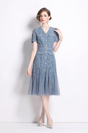 Slim Fit Long Sleeve Buckle Waist Mermaid Dress – Elegant Women’s Midi - Starlit Wardrobe Dresses