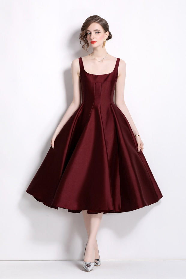 Spaghetti Strap Waist Cinching Maroon Cocktail Dress - Starlit Wardrobe Dresses