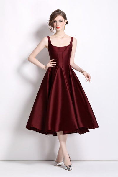 Spaghetti Strap Waist Cinching Maroon Cocktail Dress - Starlit Wardrobe Dresses