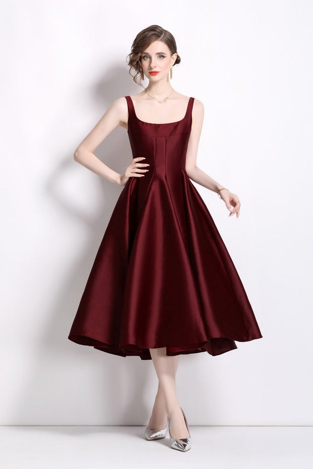 Spaghetti Strap Waist Cinching Maroon Cocktail Dress - Starlit Wardrobe Dresses