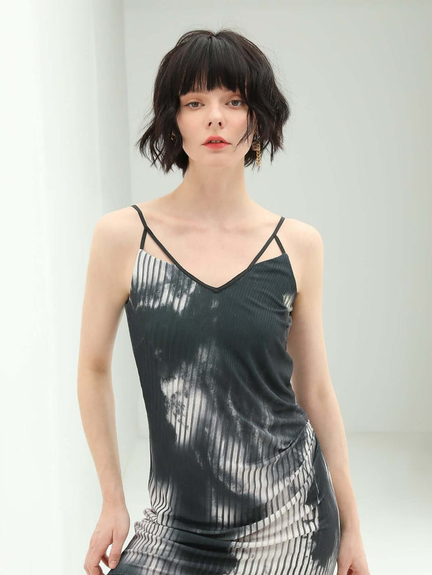 Tie - Dye Ink - Wash Black Camisole Dress – Elegant Women’s Cami Dress - Starlit Wardrobe Dresses