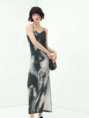 Tie - Dye Ink - Wash Black Camisole Dress – Elegant Women’s Cami Dress - Starlit Wardrobe Dresses