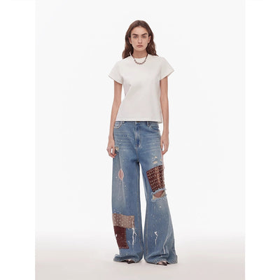 "Uninhibited splicing" retro design mid - low waist washed ripped hole splattered paint cloth patch wide - leg jeans - Starlit Wardrobe Pants