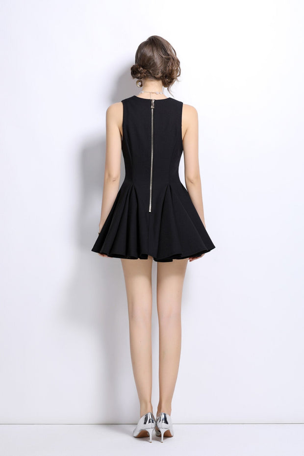 V Neck Double Breasted Pleated Puff Mini Dress - Starlit Wardrobe Dresses