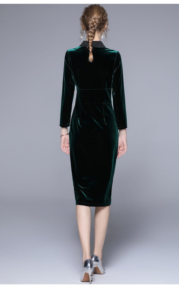 Velvet Green Slim Fit Midi Pencil Dress - Starlit Wardrobe Dresses