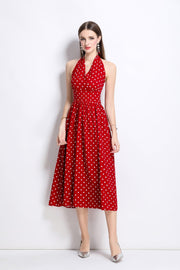 Vintage Halter Polka Dot Sleeveless Fitted Maxi Dress - Starlit Wardrobe Dresses