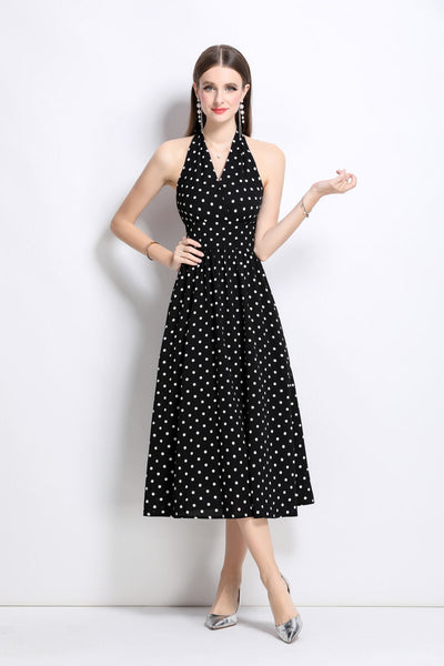 Vintage Halter Polka Dot Sleeveless Fitted Maxi Dress - Starlit Wardrobe Dresses