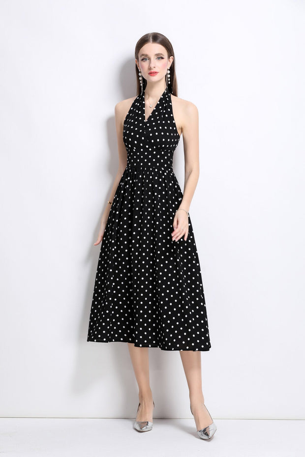 Vintage Halter Polka Dot Sleeveless Fitted Maxi Dress - Starlit Wardrobe Dresses