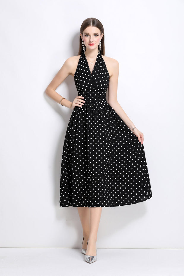 Vintage Halter Polka Dot Sleeveless Fitted Maxi Dress - Starlit Wardrobe Dresses