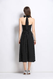 Vintage Halter Polka Dot Sleeveless Fitted Maxi Dress - Starlit Wardrobe Dresses