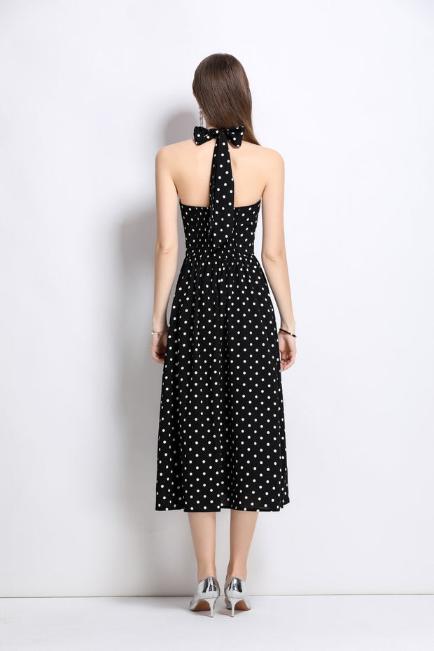 Vintage Halter Polka Dot Sleeveless Fitted Maxi Dress - Starlit Wardrobe Dresses