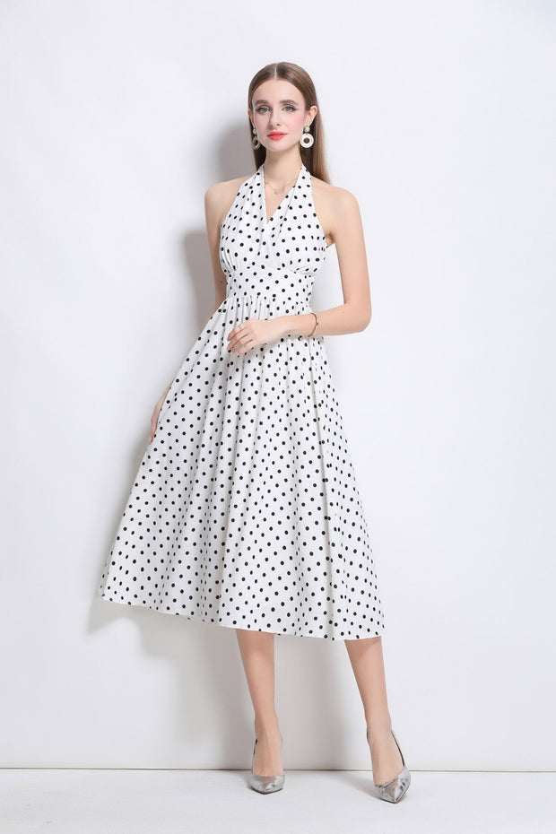 Vintage Halter Polka Dot Sleeveless Fitted Maxi Dress - Starlit Wardrobe Dresses