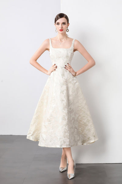 White Jacquard Square Neck Balletcore Wedding Dress - Starlit Wardrobe Dresses