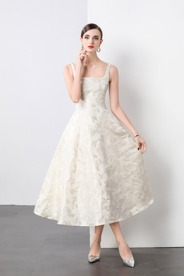 White Jacquard Square Neck Balletcore Wedding Dress - Starlit Wardrobe Dresses