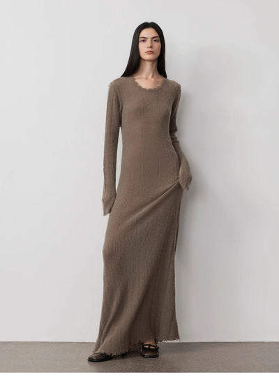 Wool looped yarn raw edge ripped and drapey long dress with a slim fit - Starlit Wardrobe Dresses